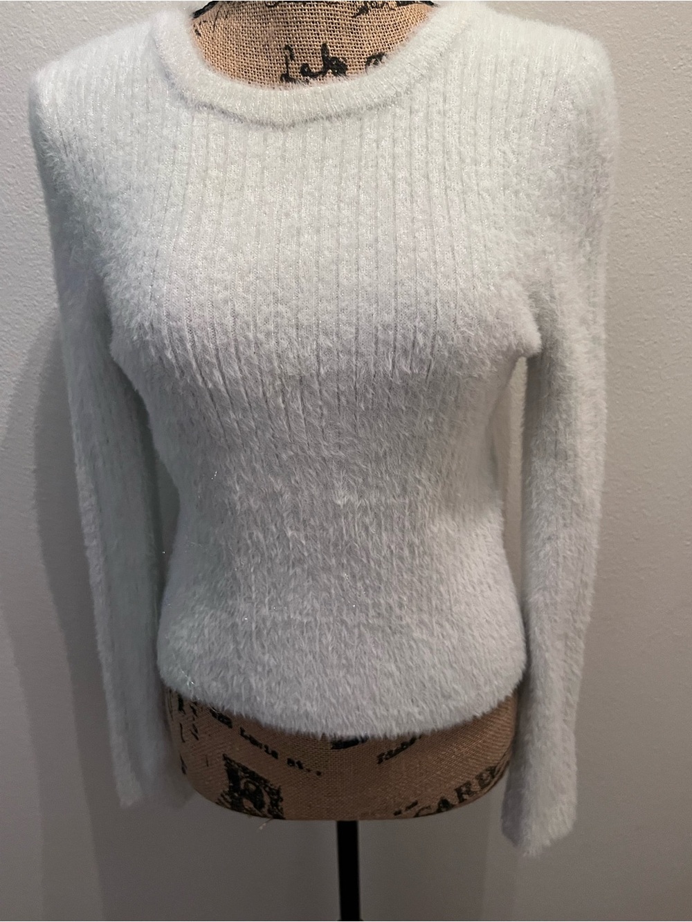 Forever 21 White Fuzzy Ribbed Crewneck Sweater